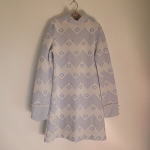 Vintage line A long sleeve high neck tunic blue and white girls dress 10 --